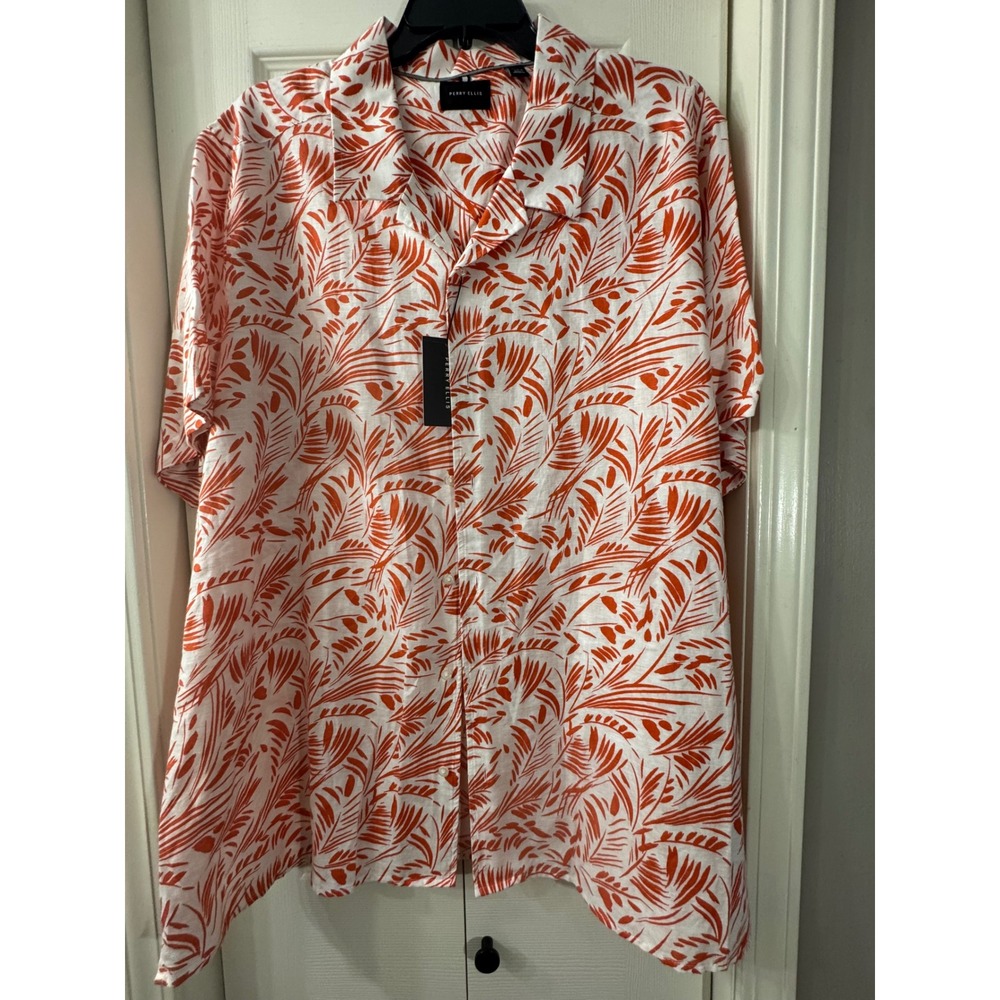 Perry Ellis Mens 3X Linen Blend Tropical Palm Leaf Short Sleeve Button Up Shirt